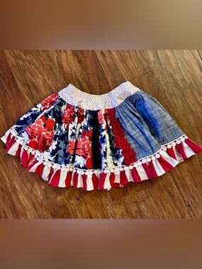 Persnickety Blue Denim-Look Girls Americana USA Patriotic Patchwork Skirt